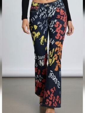 Neeso Graffiti Mod Dark Denim Print Flared Jeans - Multicolor Size 22